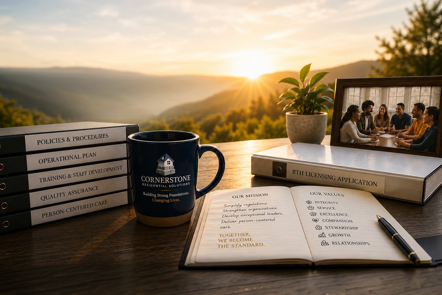A desk with Cornerstone Residential Solutions policy binders, an RTH licensing application, and a mission notebook overlooking Oregon hills at sunrise