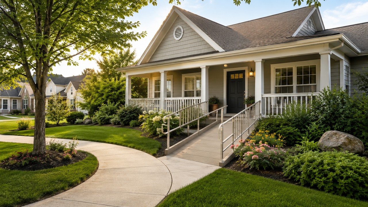 A welcoming single-story residential home with an accessible ramp, covered porch, and landscaped walkway